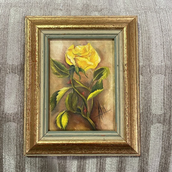 Yellow Rose Red Thorn Hand-painted Original Oil Signed Golden Framed Art - Picture 3 of 9